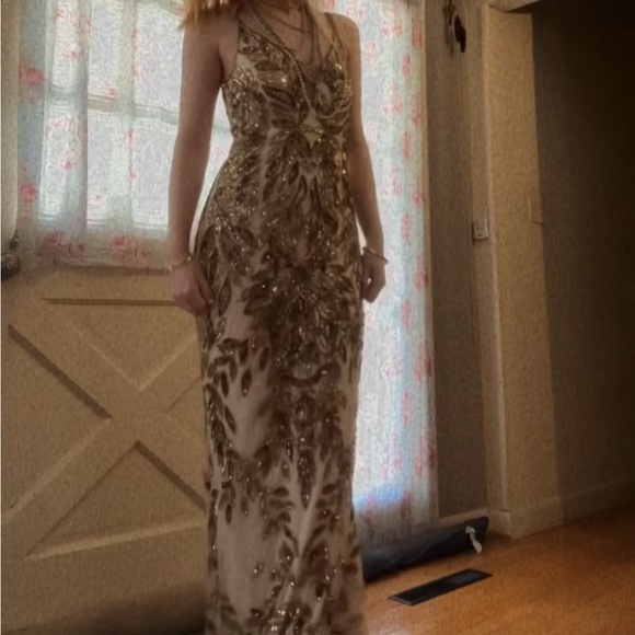 Mac Duggal Gold Beaded V-Neck Maxi Gown